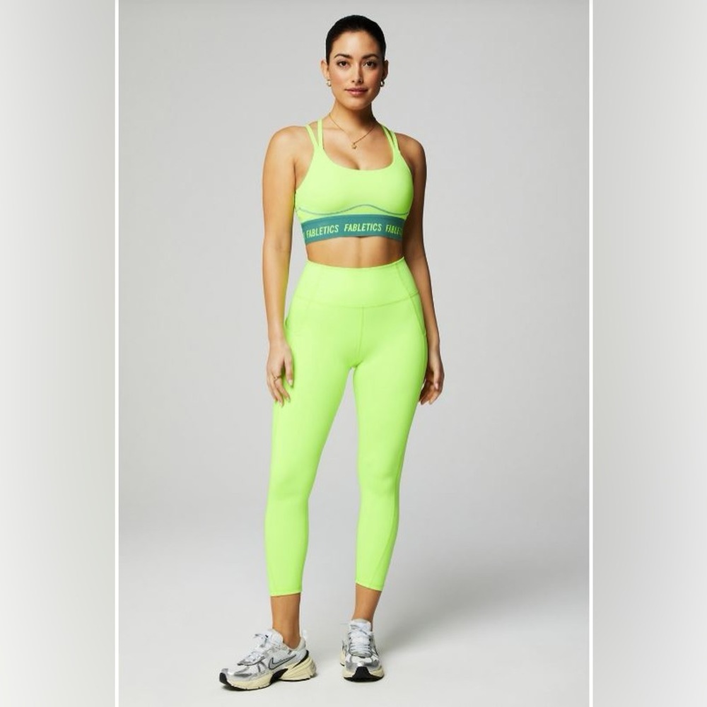 NWT- Fabletics PureLuxe High-Waisted Pocket 7/8 Leggings -NEON SPARKS (24”) New!